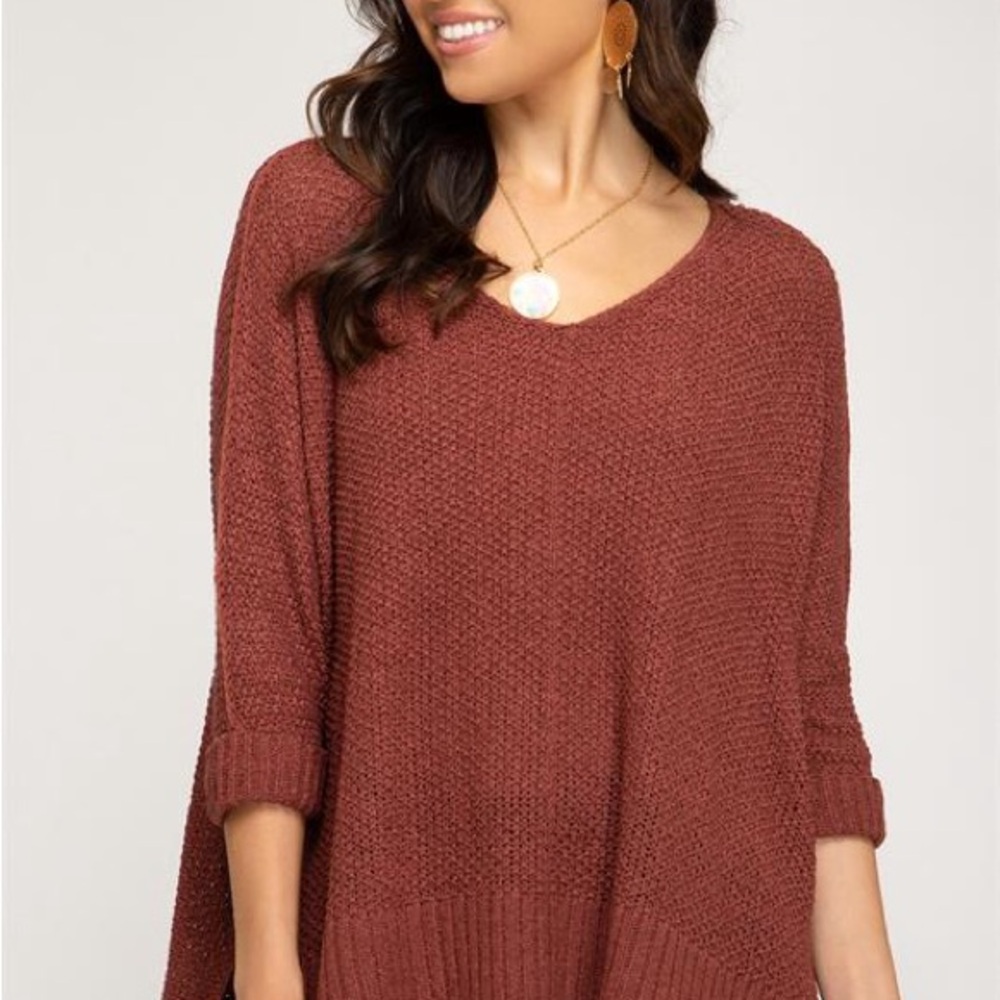 She + Sky V-Neck Sweater in Warm Rust